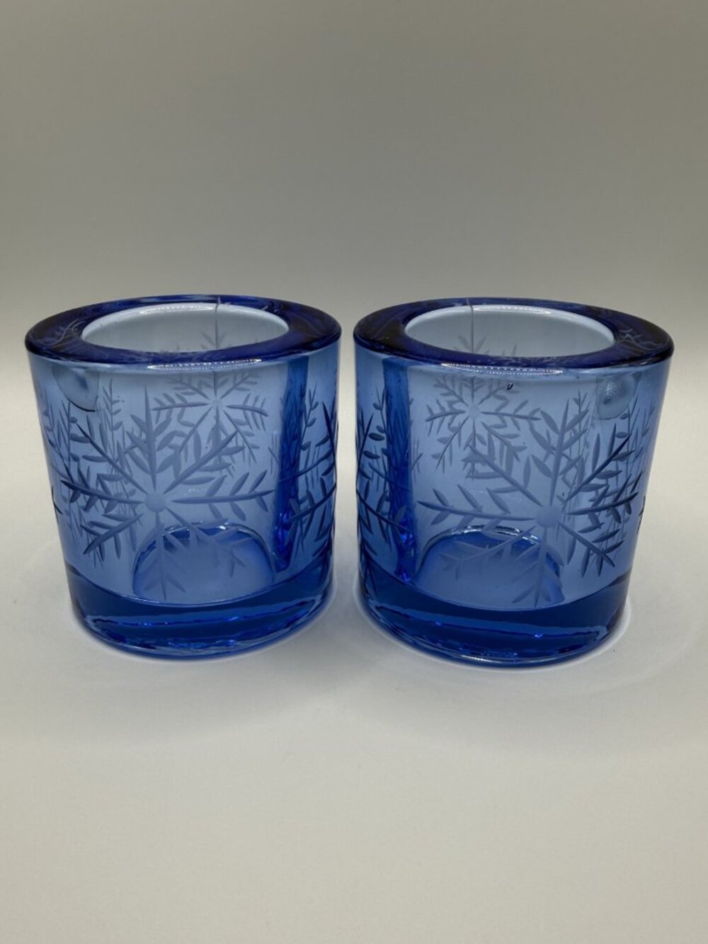 VTG Swiss Snowflake Blue Glass Votive Candle Holders